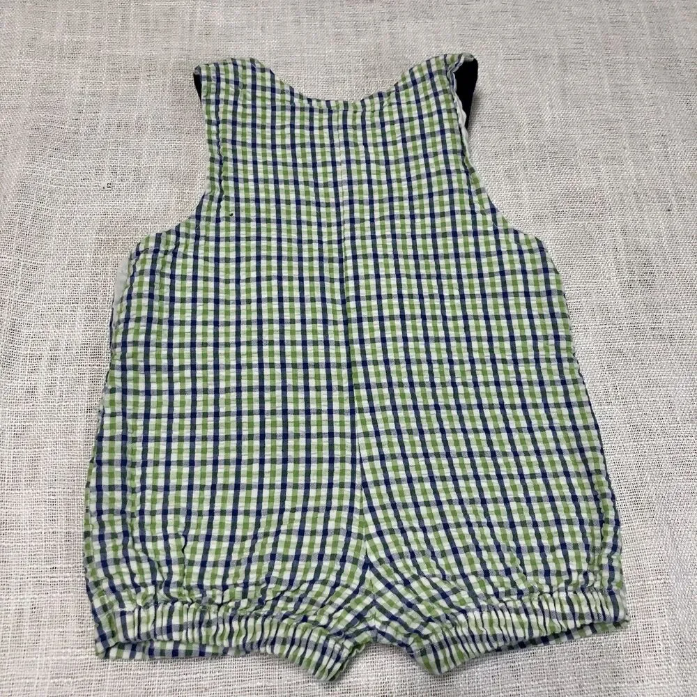 VTG Y2K baby boys 3-6m seersucker romper overalls golf bear plaid embroidered